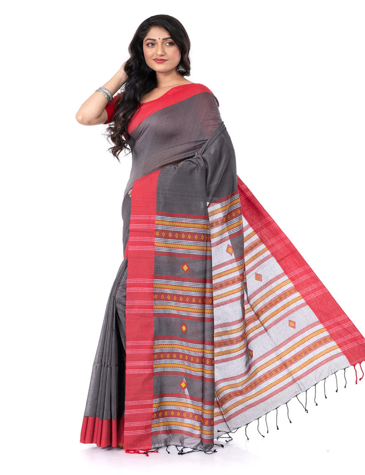 Grey red handloom bengal cotton tangail saree
