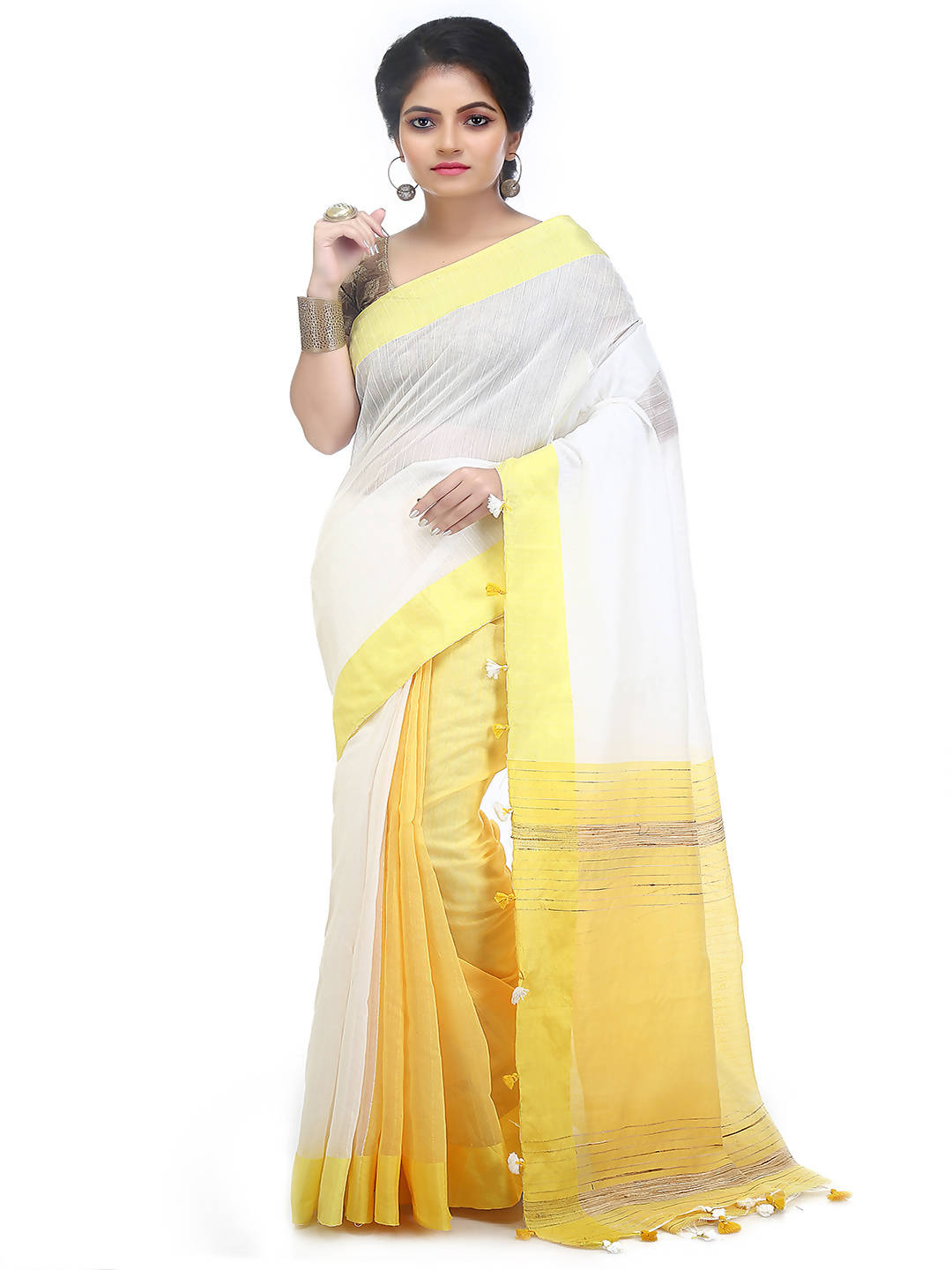 White yellow bengal handloom cotton blend saree