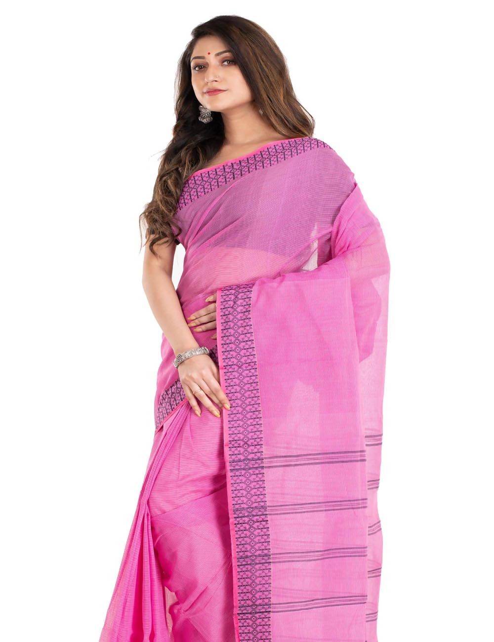 Light pink bengal dhaniakali cotton handloom saree