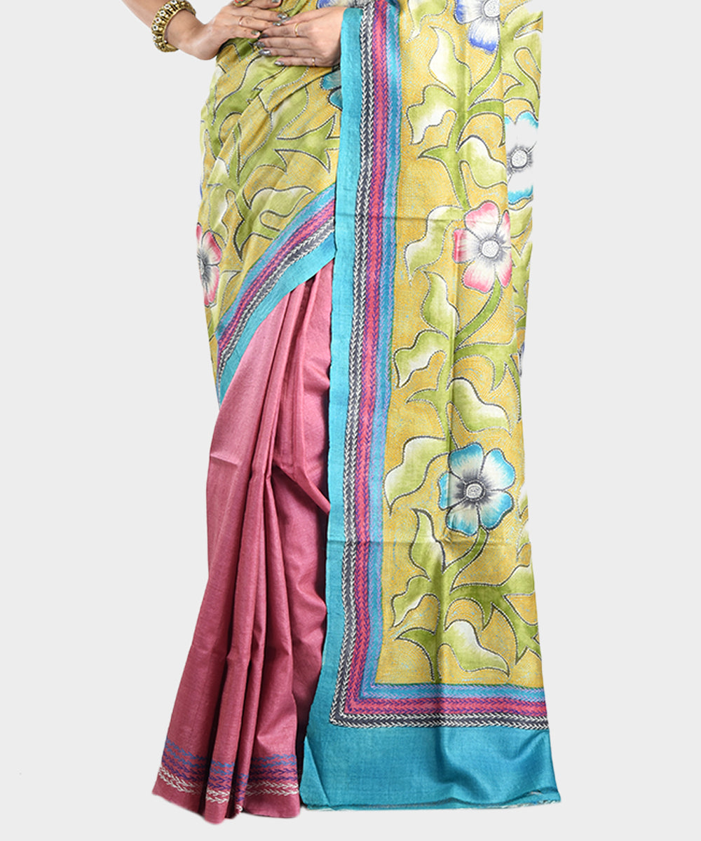 Light green pink hand embroidery kantha stitch tussar silk saree