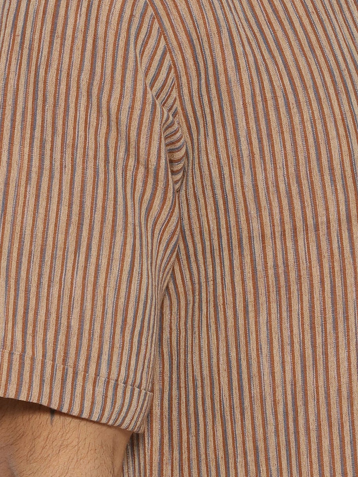 Brown striped mandarin collared short sleeve shirt