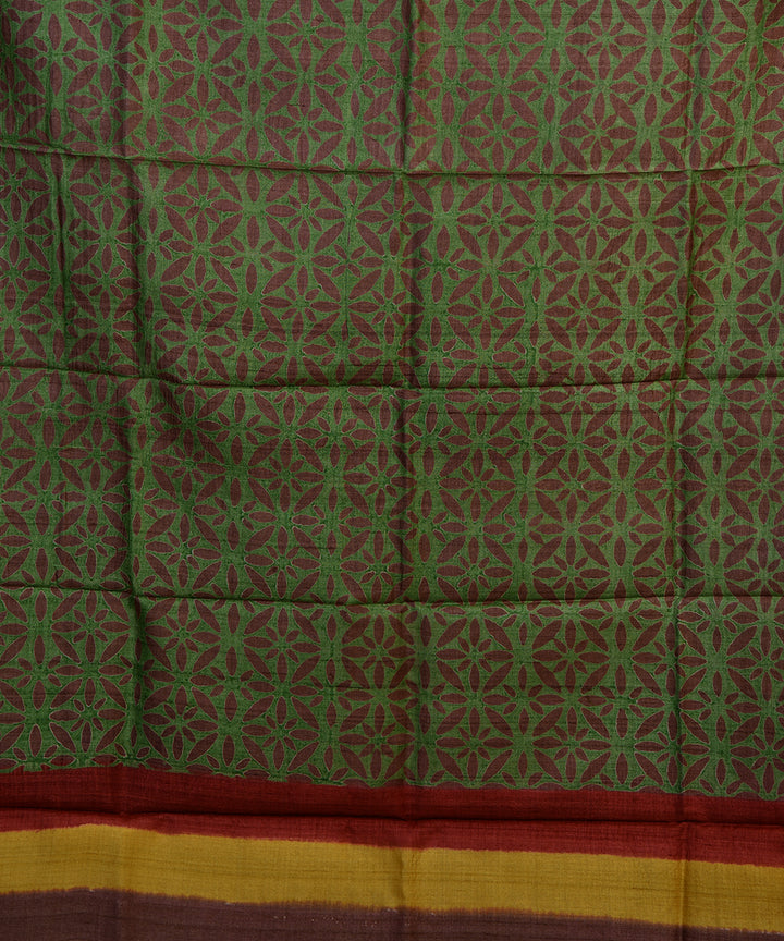 Dark green brown handwoven tussar silk kurta material