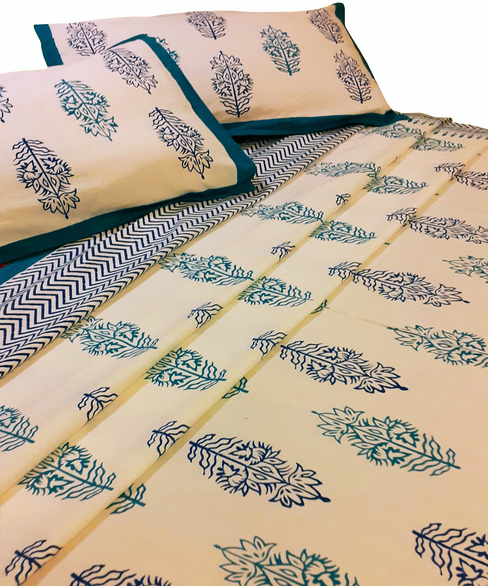 Blue hand block printed cotton bed sheet with pillow covers