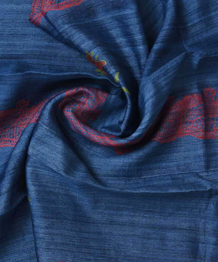 2.8m Blue red handwoven and printed tussar silk kurta material