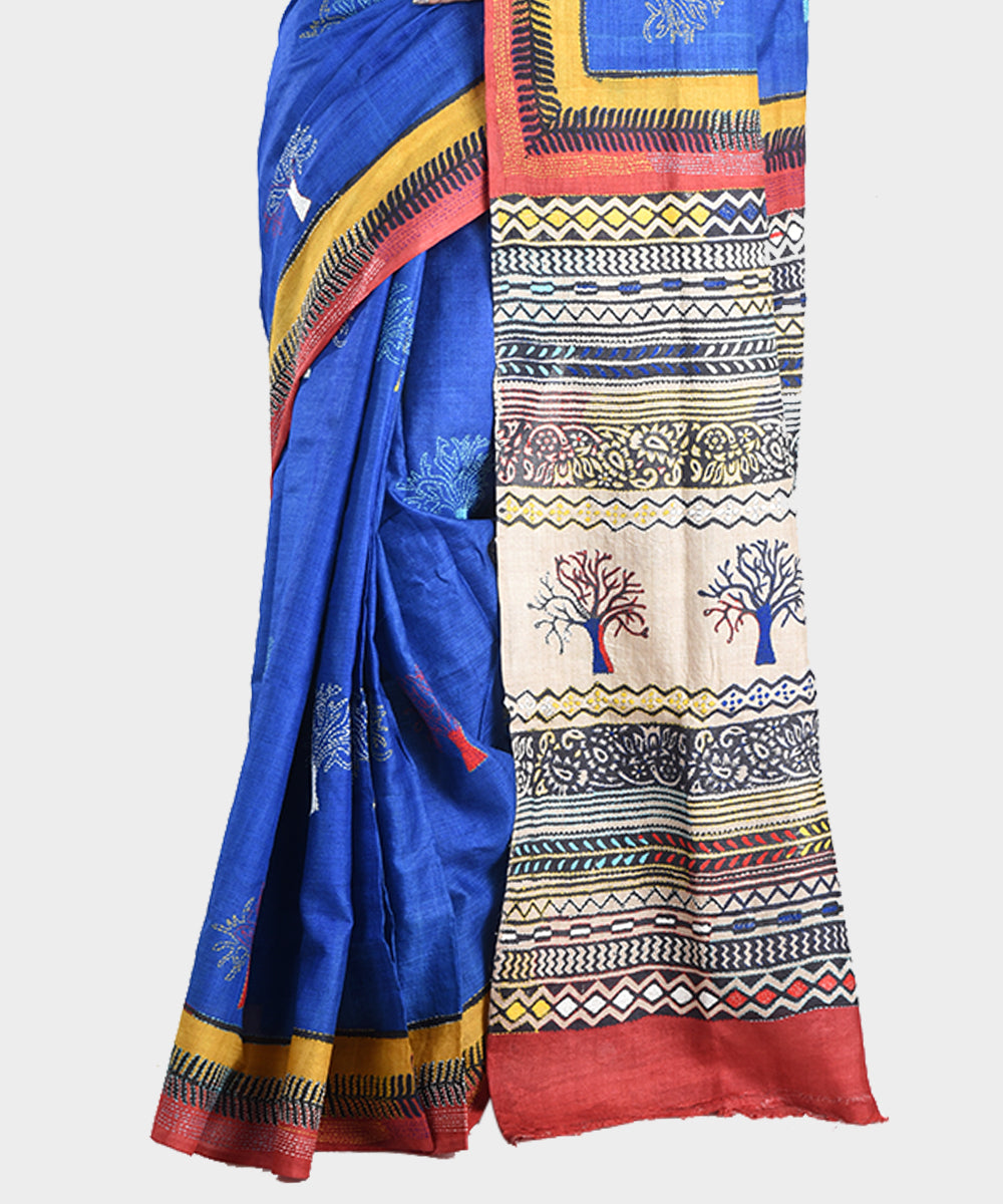 Navy blue hand embroidery kantha stitch tussar silk saree