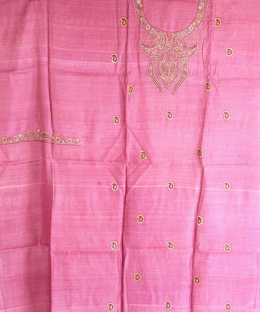 2pc Pink hand embroidery tussar silk dress material