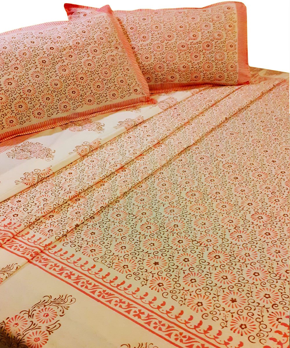 Pink floral hand block printed cotton bed sheet with pillow covers