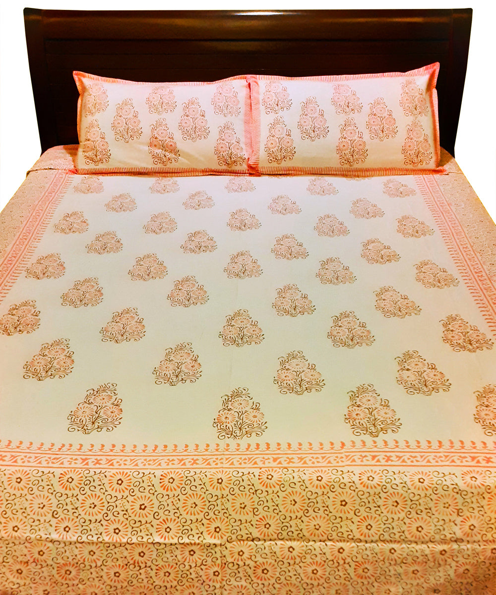 Floral pink hand-block print cotton bed sheet with pillow covers