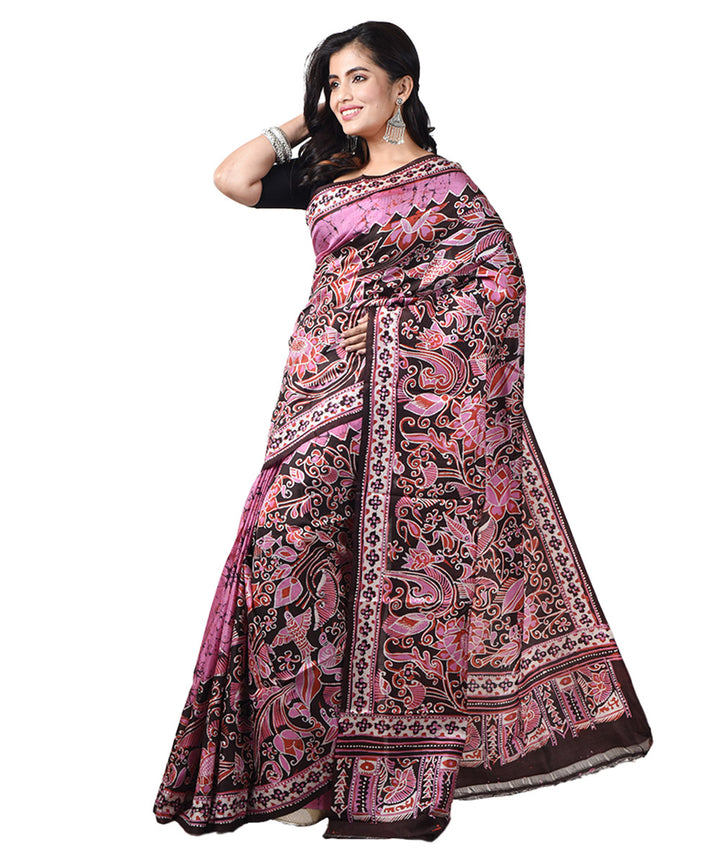 Pink brown handloom bengal silk batik print saree