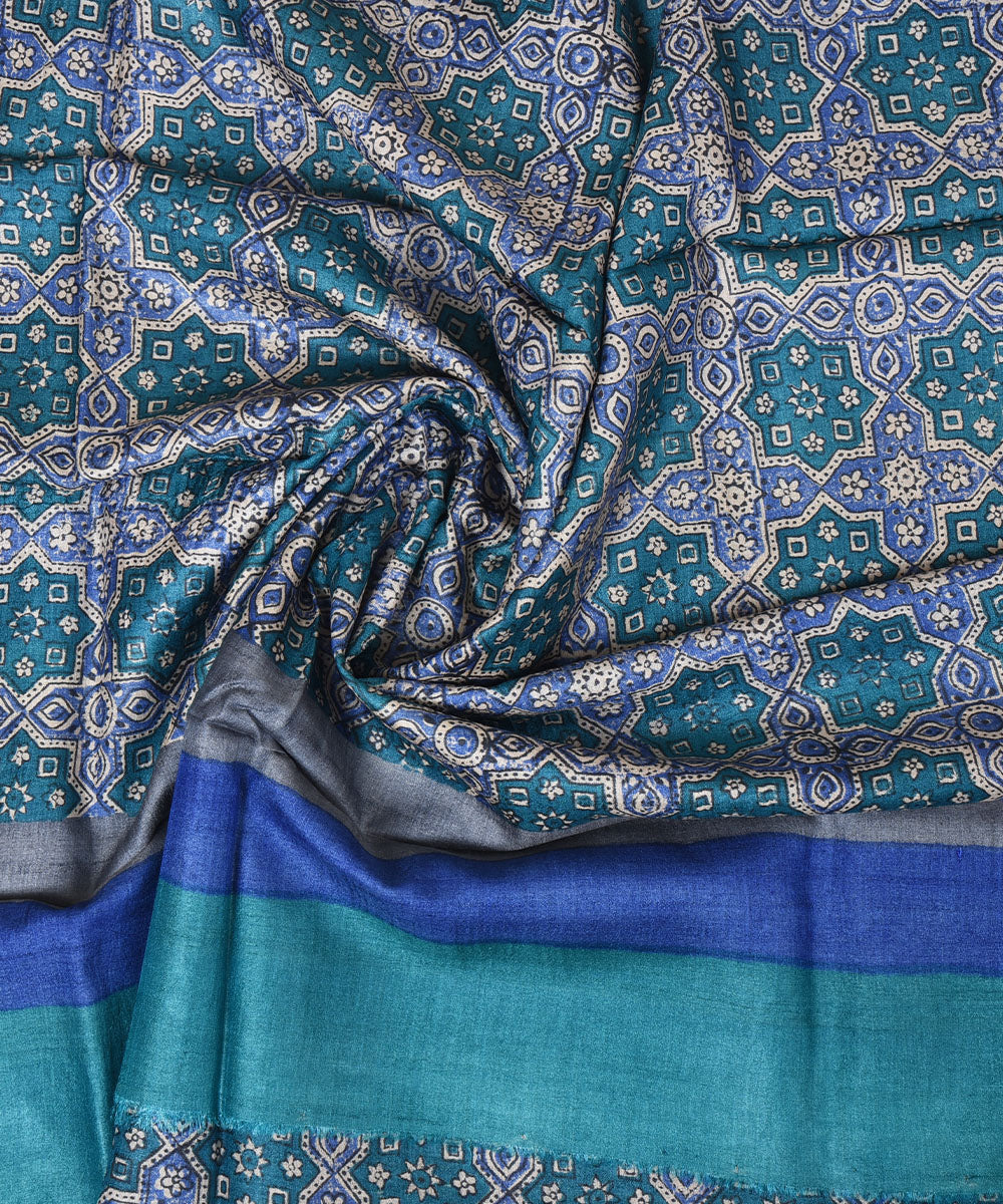 2.8m Blue handwoven and printed tussar silk kurta material