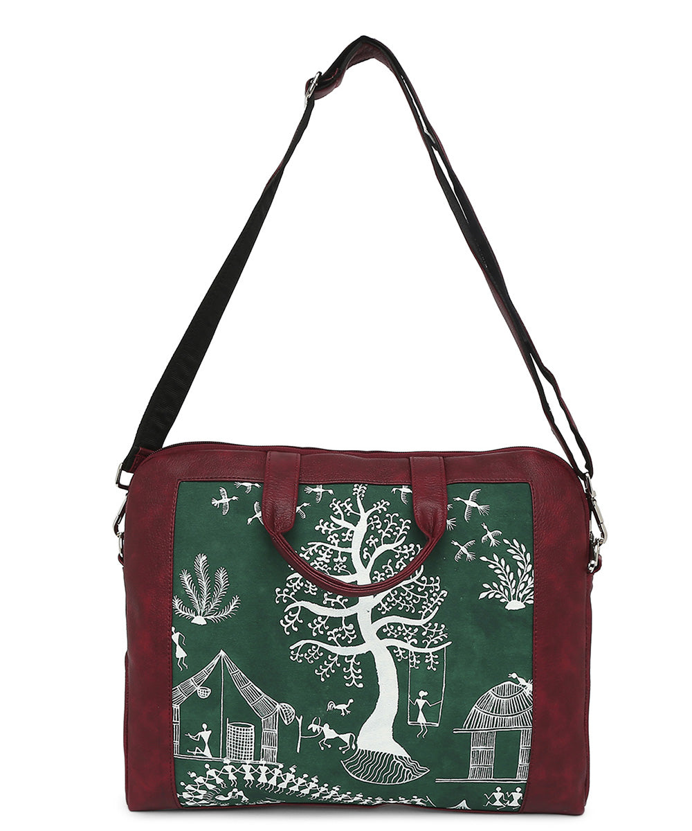 Maroon green warli hand painted artificial leather bag