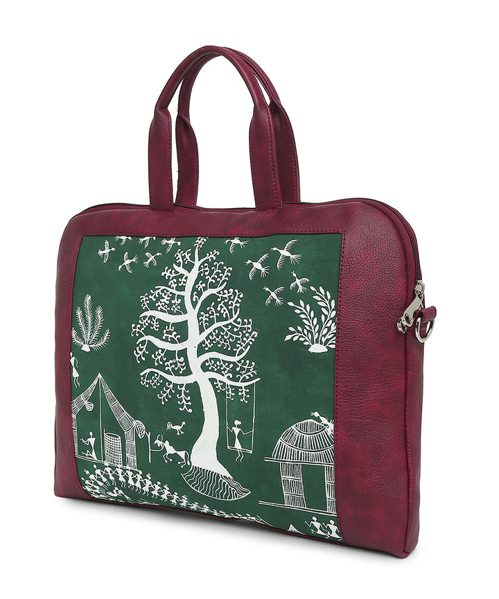 Maroon green warli hand painted artificial leather bag