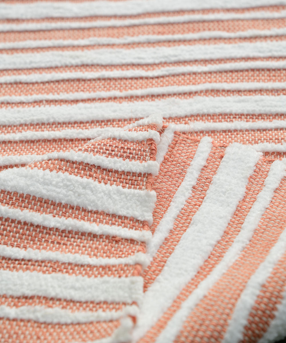 Peach handwoven stripe cotton dhurrie