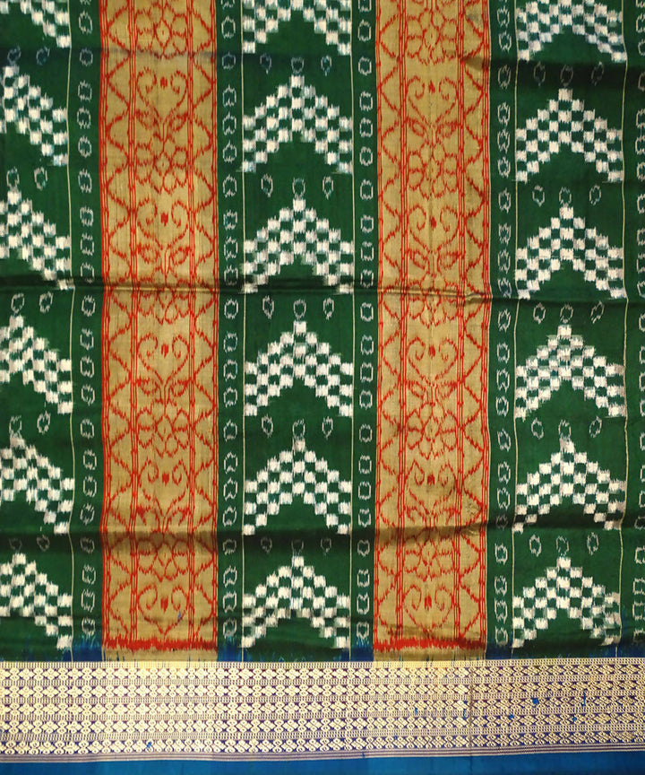 Green and blue handwoven ikat silk bomkai saree