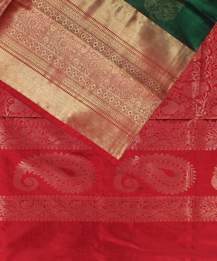 Dark green red handwoven Karnataka brocade silk saree