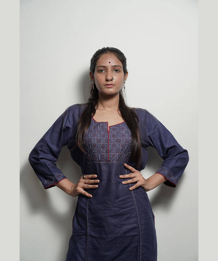 Indigo full length sleeves kantha work silk kurti