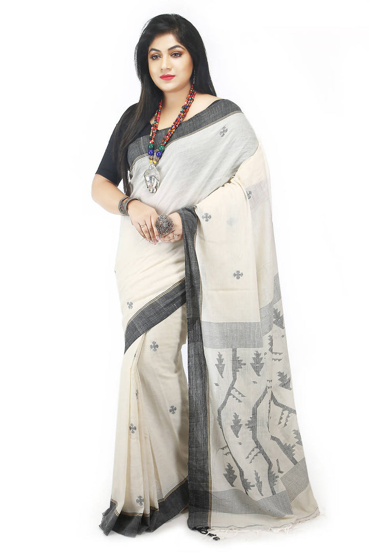 Handloom bengal white and black cotton saree