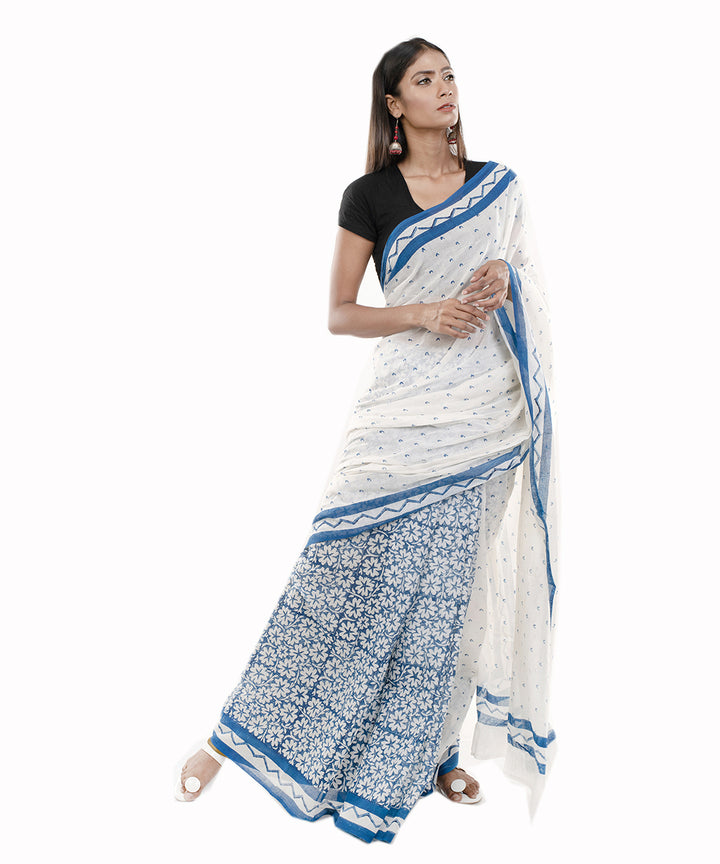 White and blue handblock printed bengal cotton saree