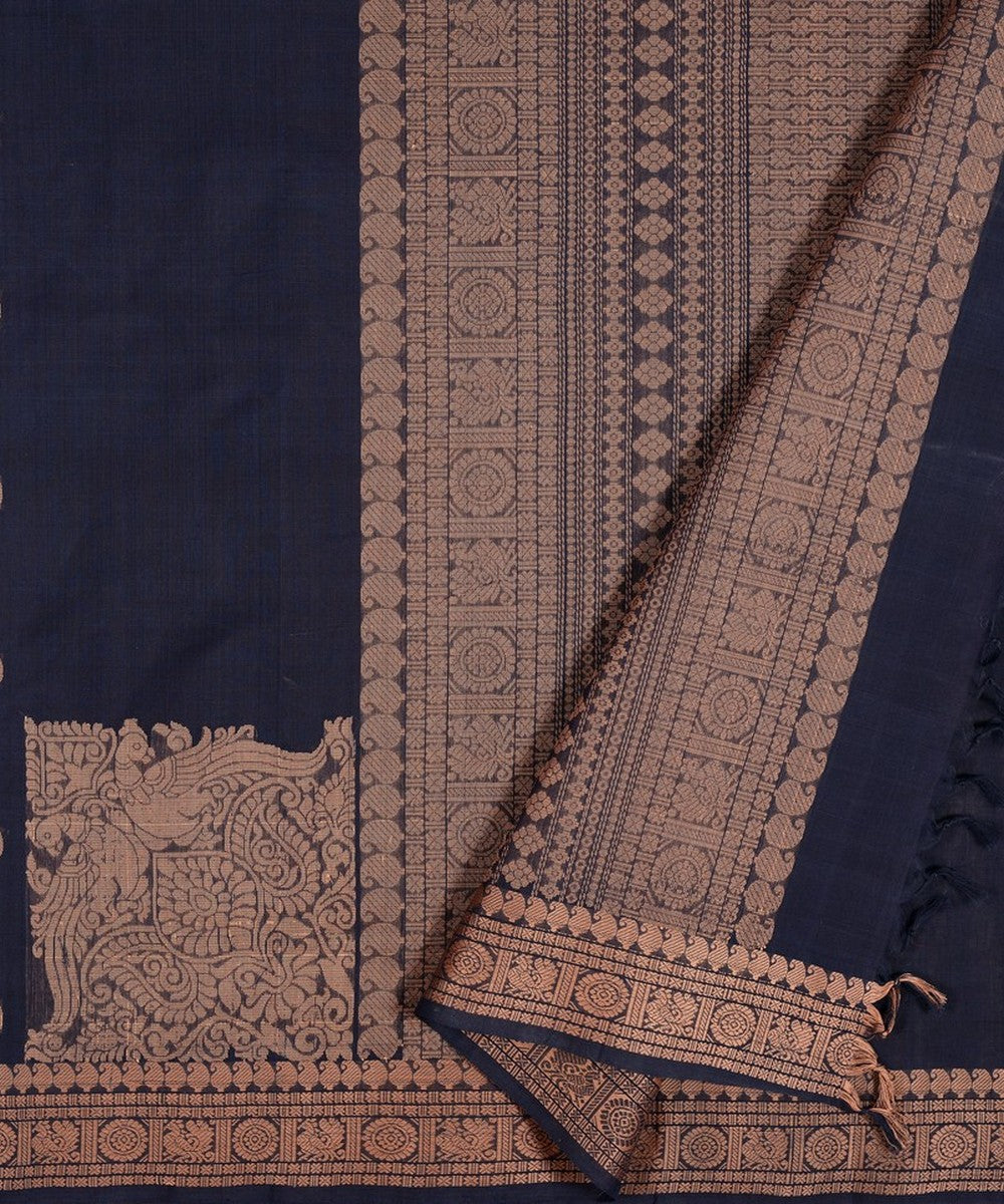 Navy blue thread work handwoven cotton kanchi saree