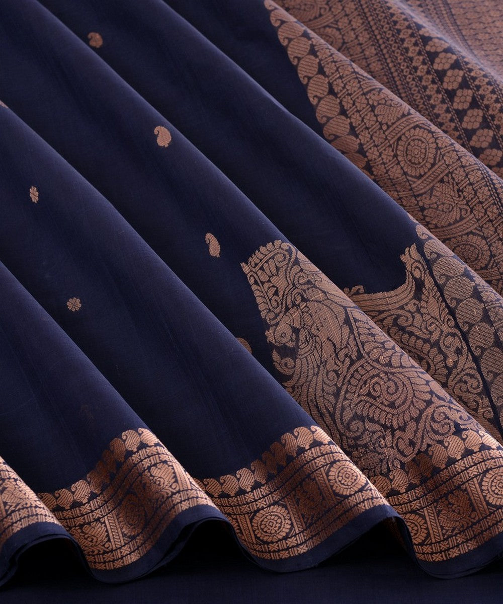 Navy blue thread work handwoven cotton kanchi saree