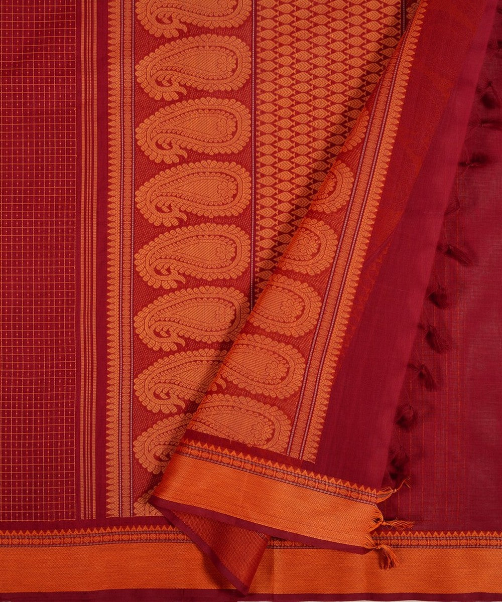 Red thread work handwoven cotton kanchi saree