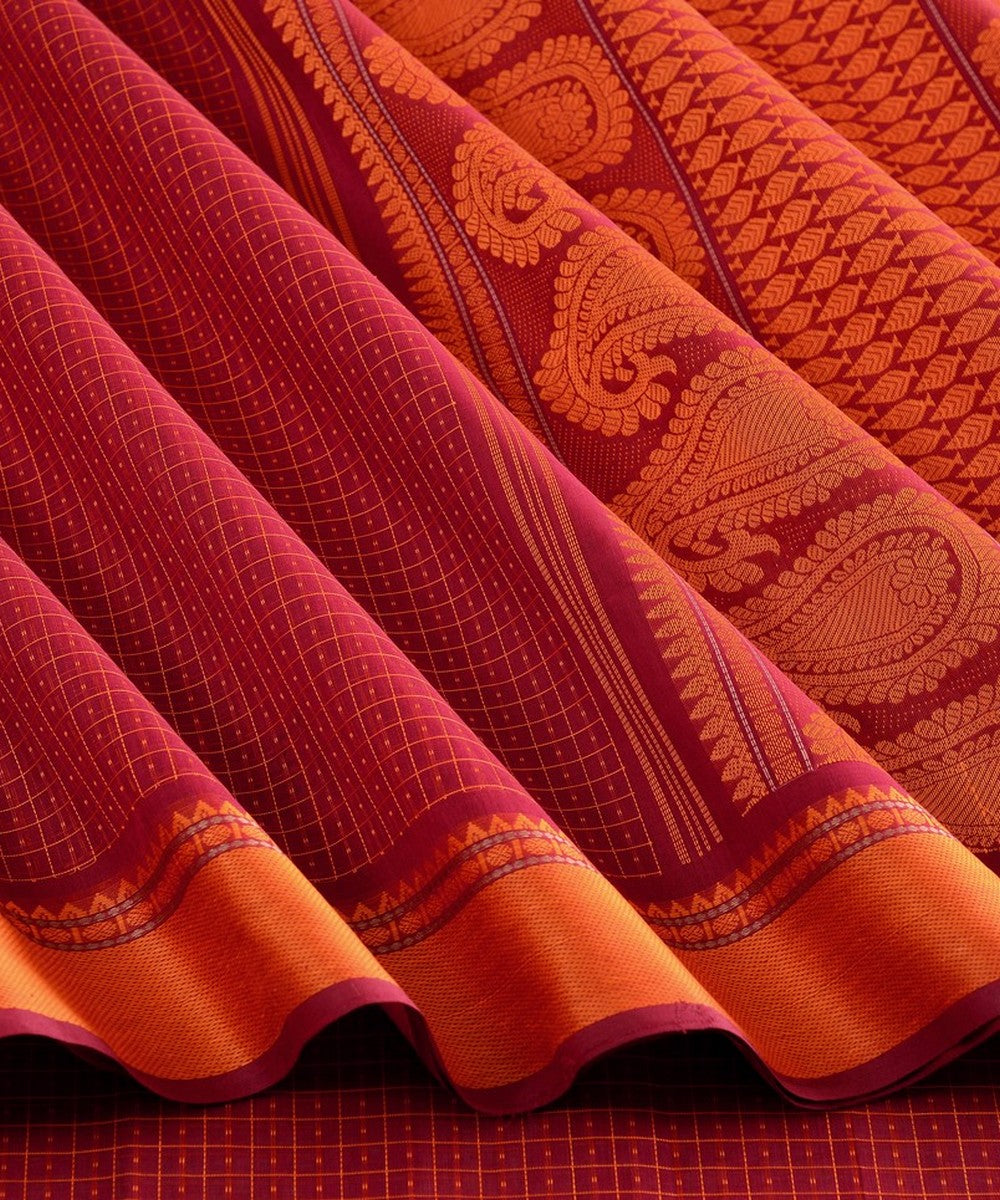 Red thread work handwoven cotton kanchi saree