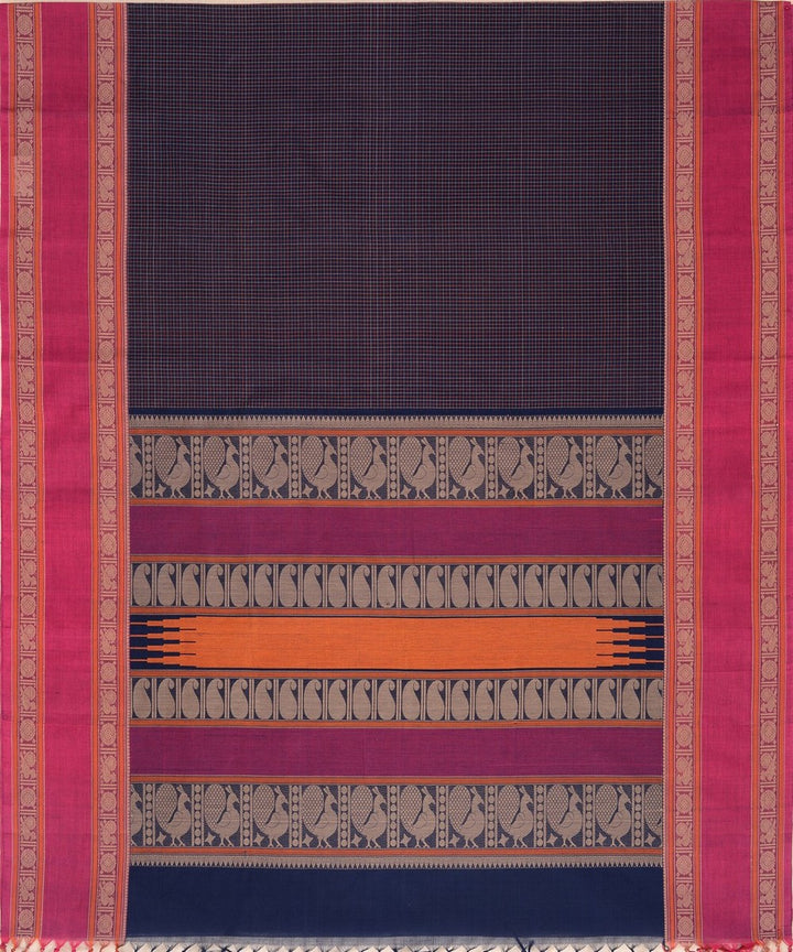 Navy blue pink hand woven kanchi cotton saree