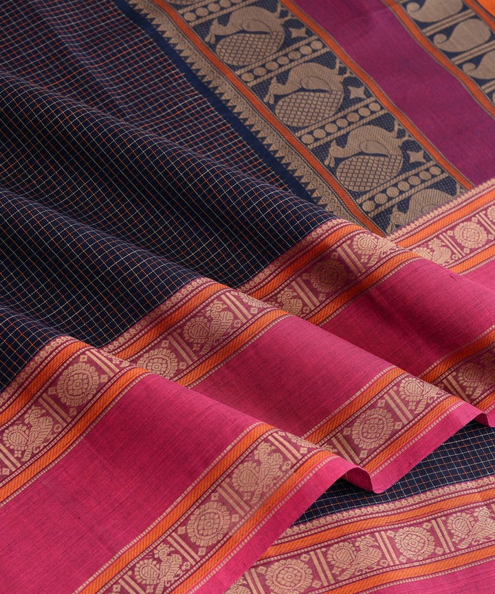 Navy blue pink hand woven kanchi cotton saree