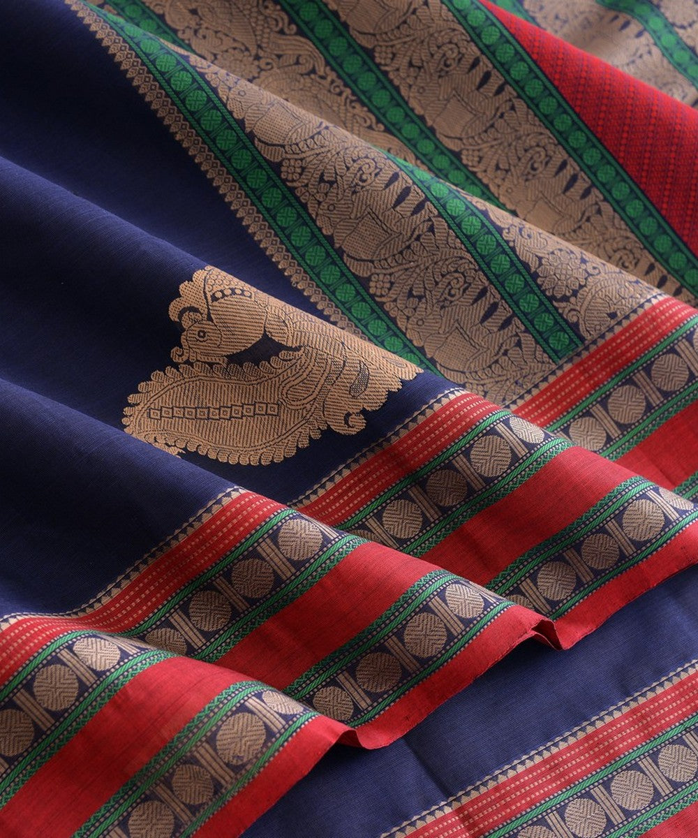 Navy blue handwoven kanchi cotton saree