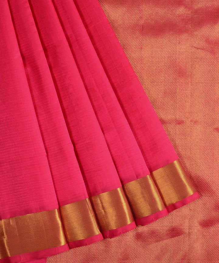 Pink handloom self bavinchi cotton silk kanchi saree with zari border