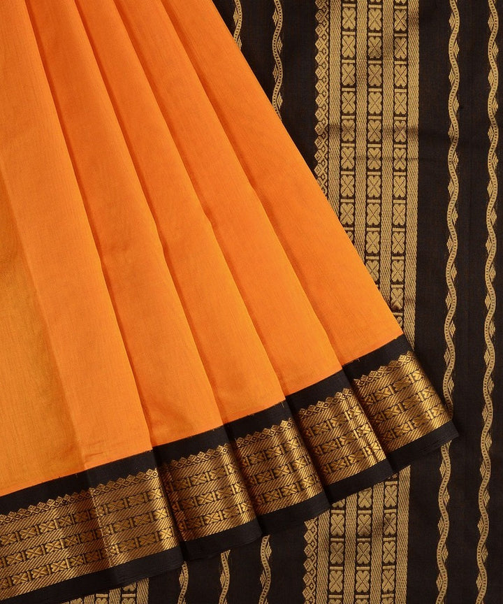 Mustard handwoven cotton silk kanchi saree with zari border