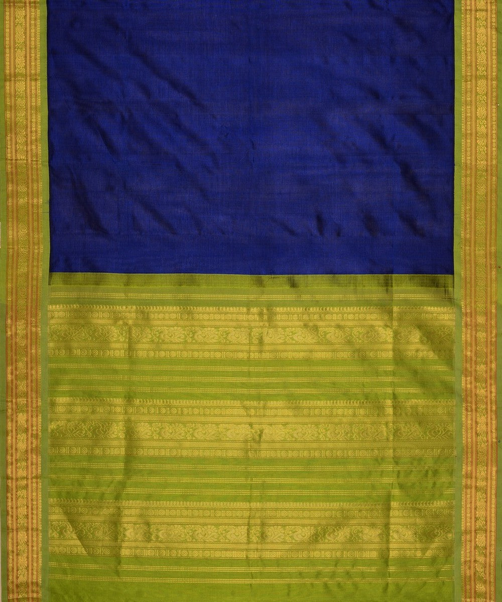 Navy blue handwoven cotton silk kanchi saree with zari border