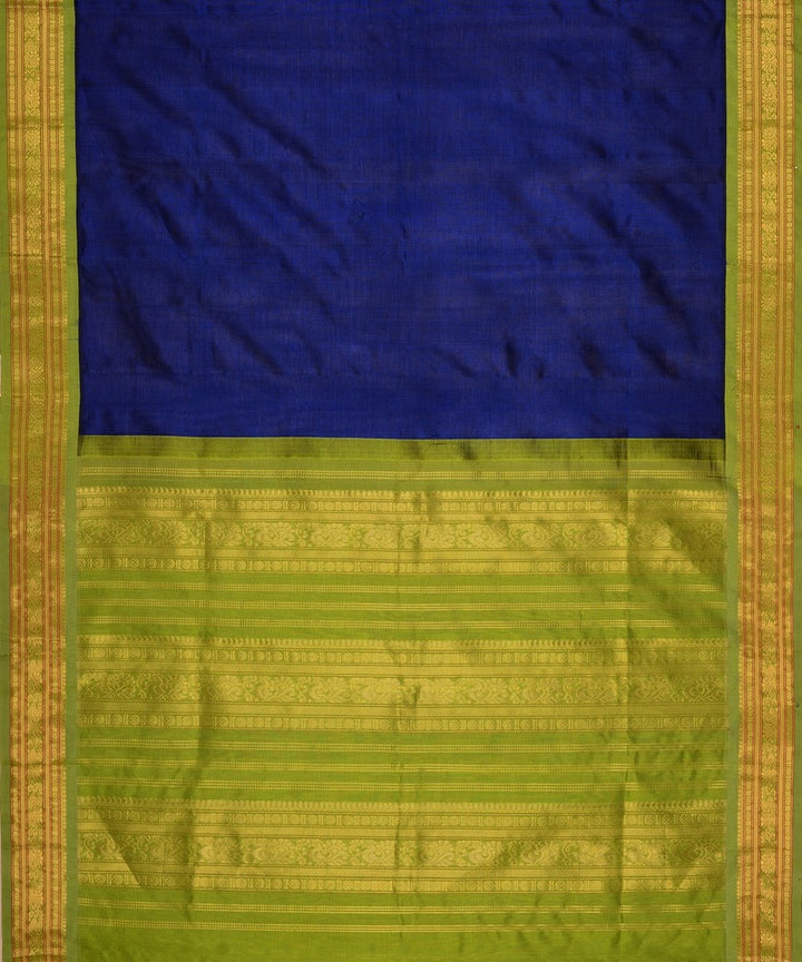 Navy blue handwoven cotton silk kanchi saree with zari border