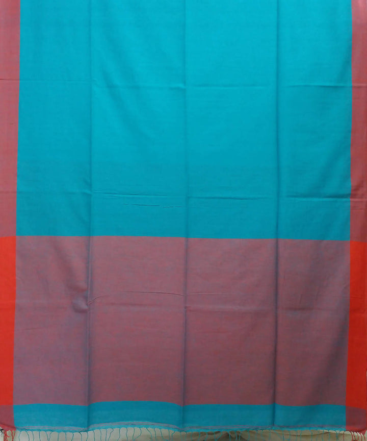 Firozi blue and Red Handspun Handwoven Cotton Saree