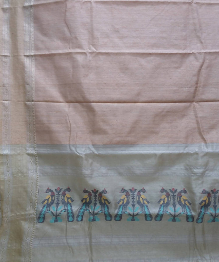 Crepe beige handwoven tussar and matka silk bengal saree