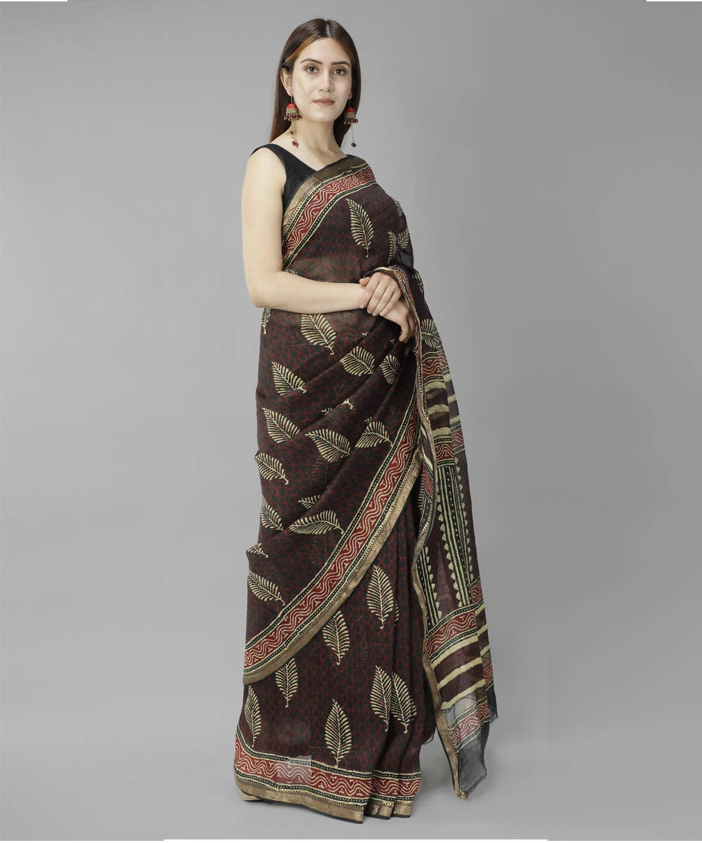 Brown bagru handblock printed linen saree