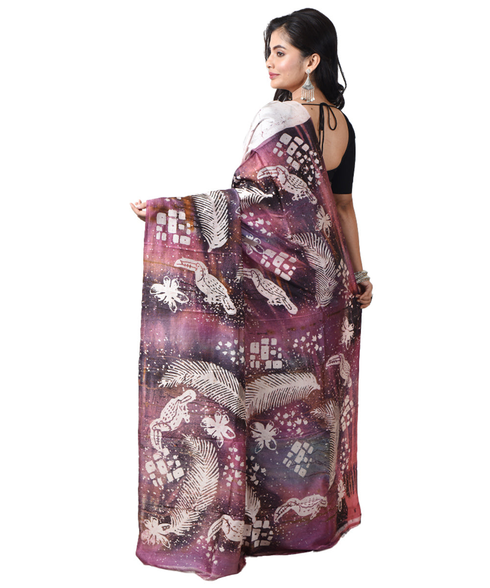 Beige maroon handloom bengal silk batik print saree