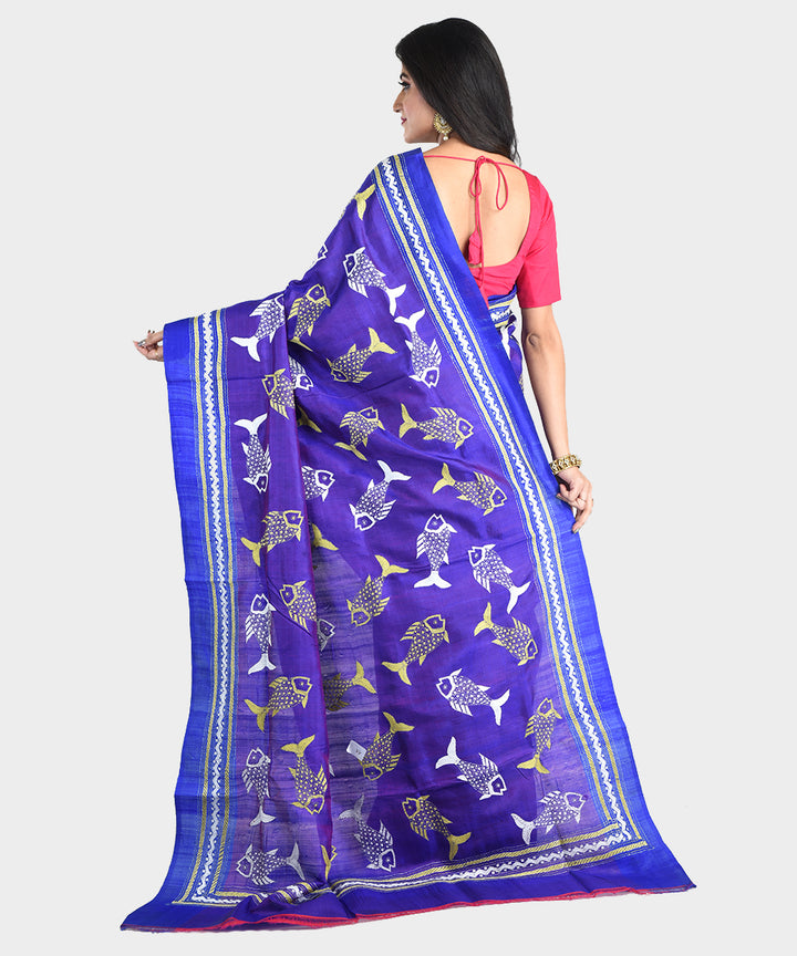 Violet and blue hand embroidery kantha stitch silk saree