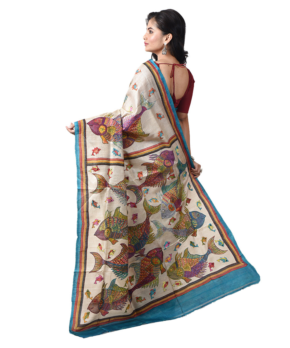 Bengal tussar silk beige hand embroidery kantha stitch saree