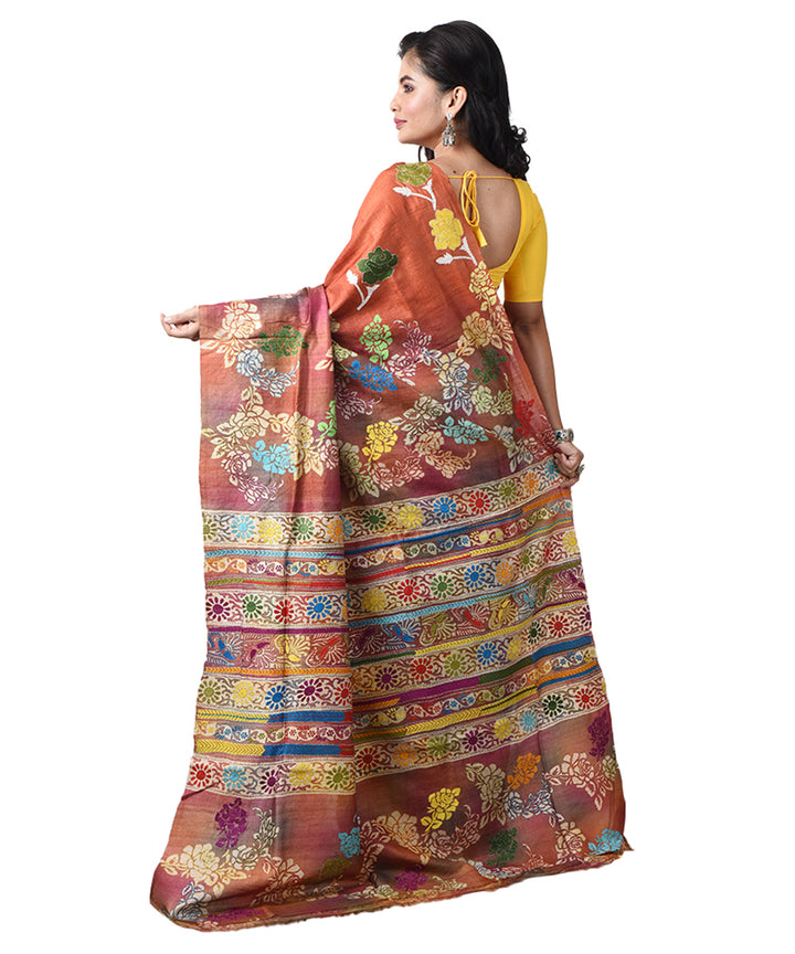 Brown bengal tussar silk hand embroidery kantha stitch saree