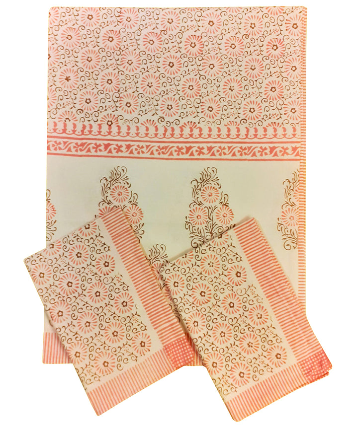 Pink floral hand block printed cotton bed sheet with pillow covers