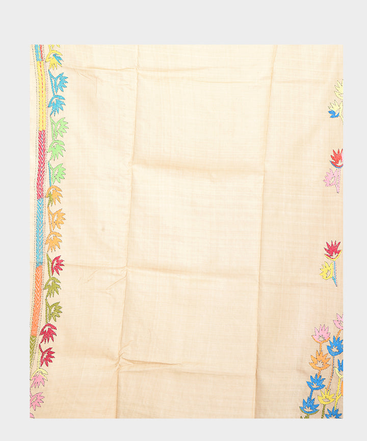 Beige multicolor tussar silk hand embroidery kantha stitch saree