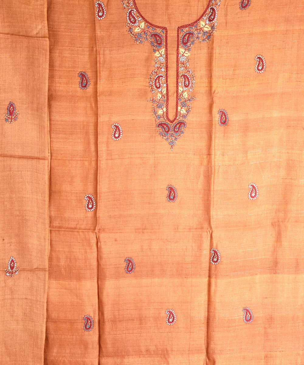 2pc Brown hand embroidery tussar silk dress material