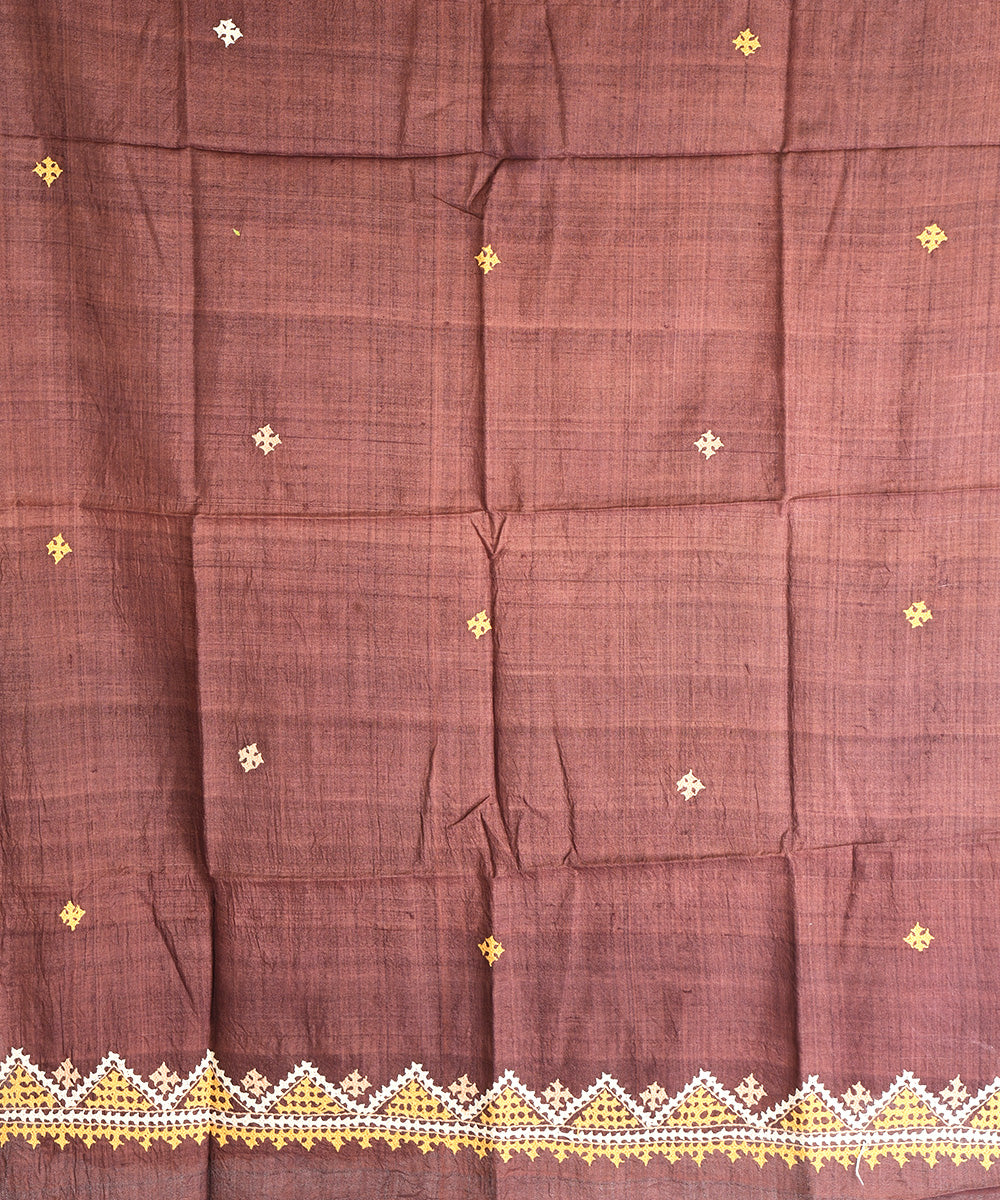 2pc Brown hand embroidered tussar silk dress material