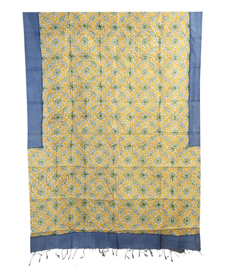 Yellow grey bengal hand block printed silk dupatta
