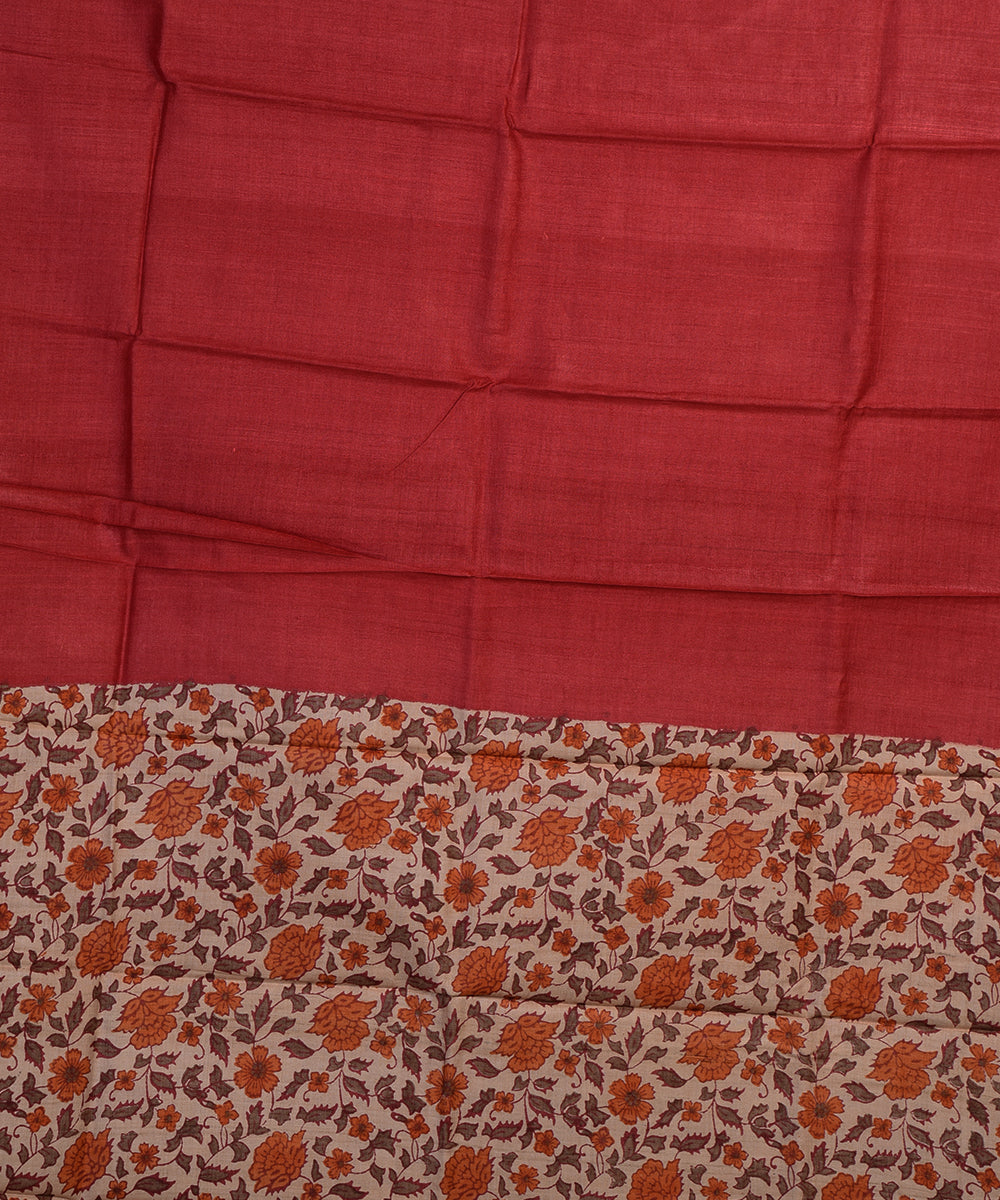 2pc Beige red handwoven tussar silk dress material with dupatta