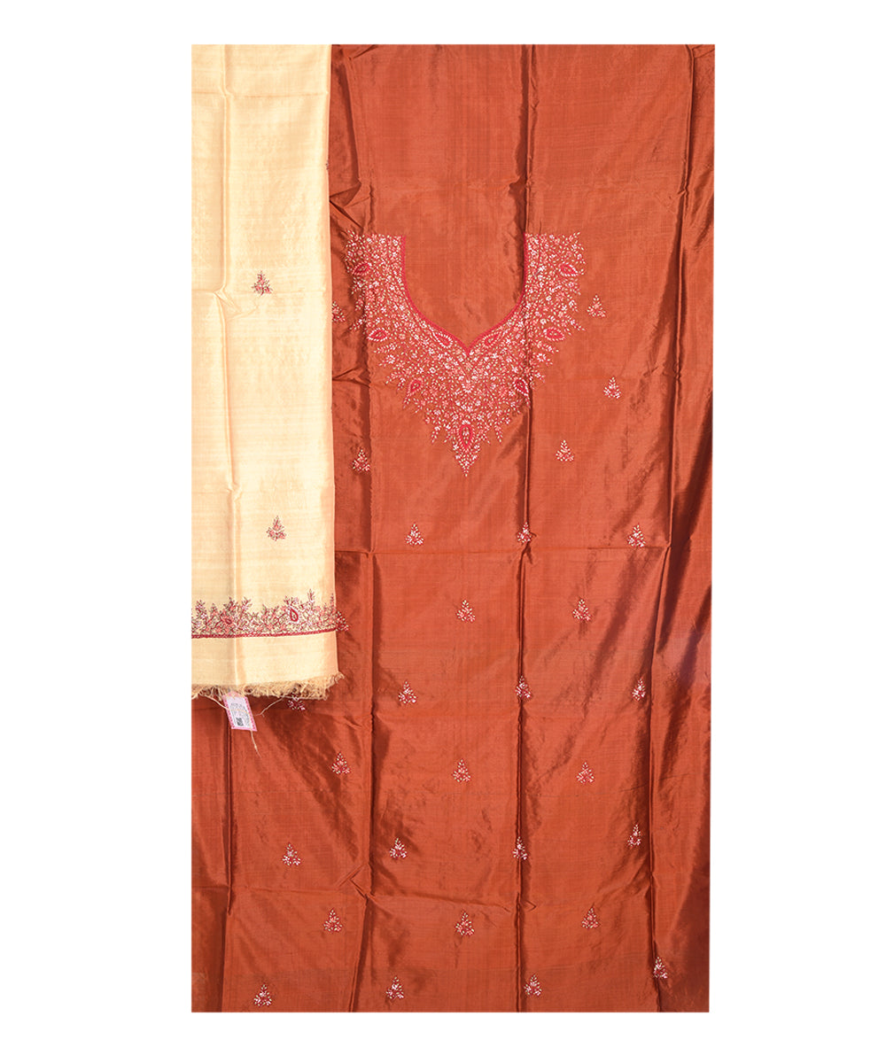 2pc Brown beige handwoven mulberry silk dress material with dupatta