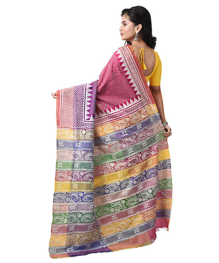 Mauve pink silk bengal hand embroidery kantha stitch saree