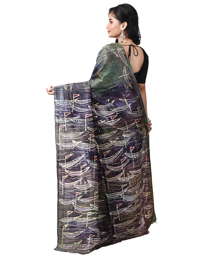 Grey olive green handloom bengal silk batik print saree
