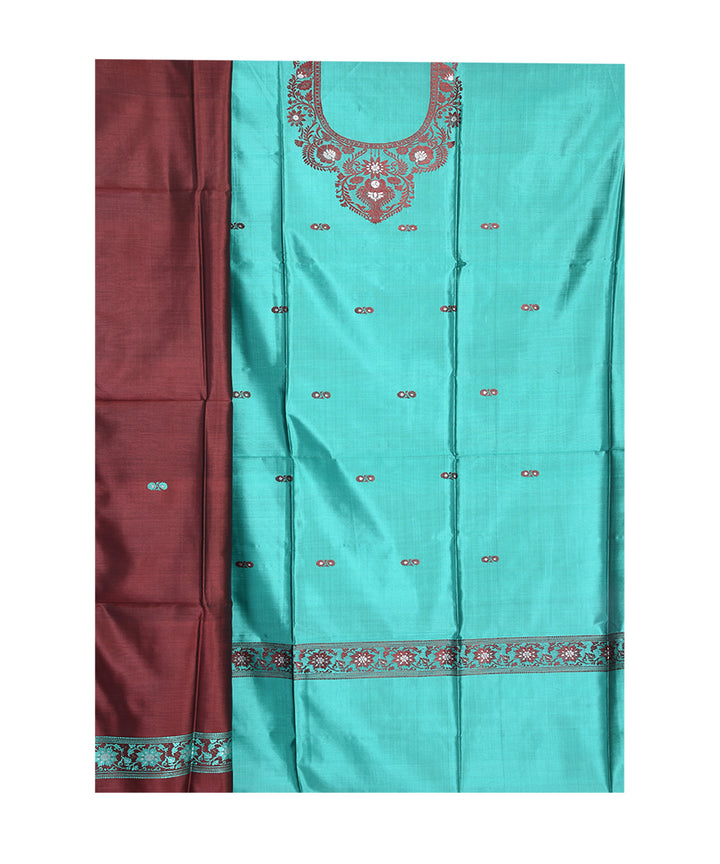2pc Cyan green brown handwoven mulberry silk dress material with dupatta